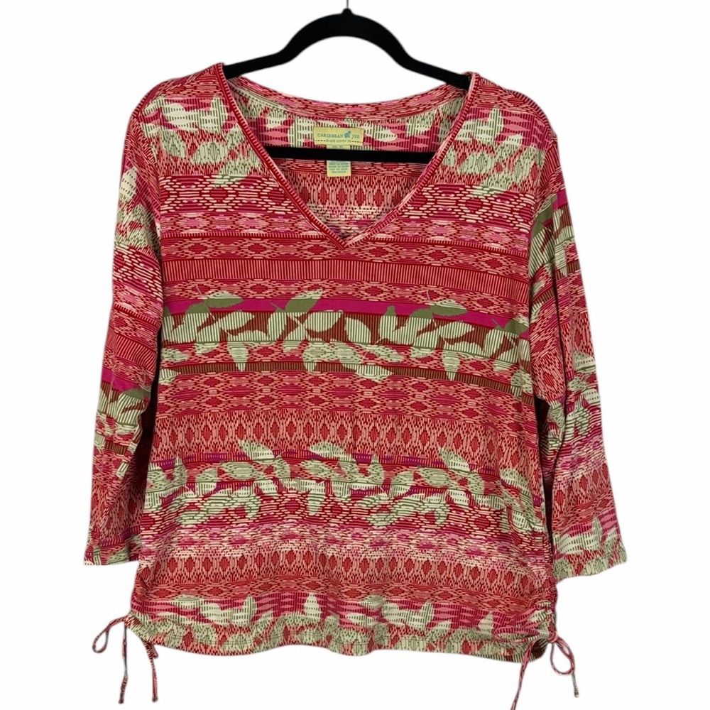 Caribbean Joe Tropical Print V-Neck Top 3/4 Sleeve XL Side Tie Casual Beach